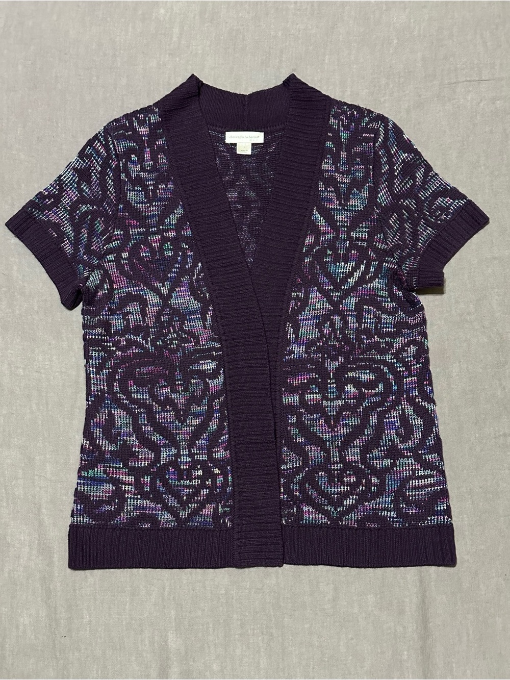 Christopher & Banks Purple Multi-Pattern Short Sleeve Cardigan